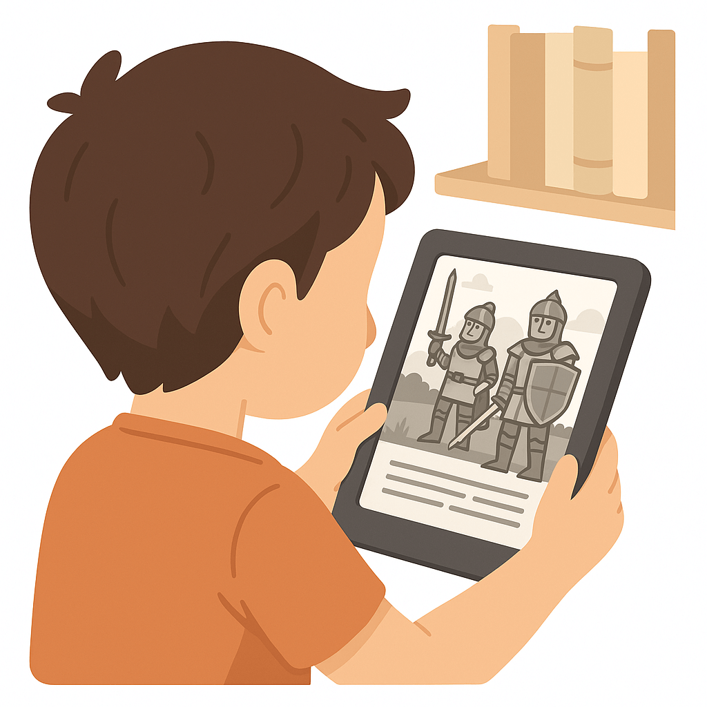 Niño que lee un libro electrónico en un lector de libros electrónicos