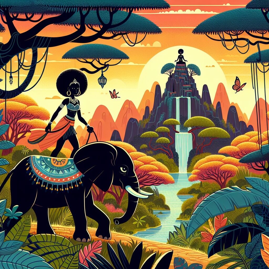 Une illustration destinée aux enfants représentant une femme intrépide et curieuse, sur le point de partir à l'aventure à travers une luxuriante jungle africaine, accompagnée d'un éléphant majestueux, en quête du trésor caché au sommet de la mystérieuse Montagne du Soleil Couchant, où les arbres géants et les cascades scintillantes créent un paysage enchanteur.