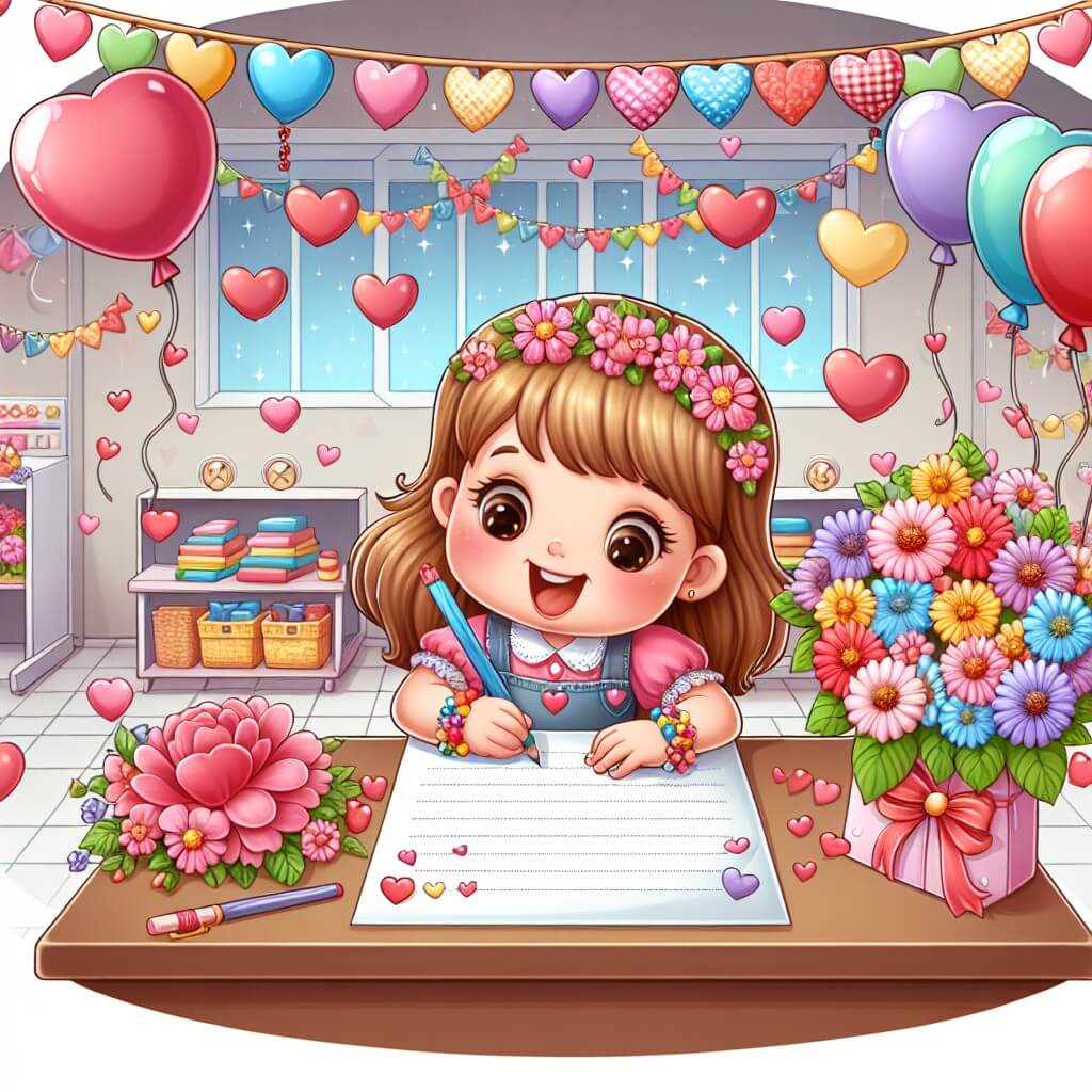 Une illustration destinée aux enfants représentant une petite fille pleine d'excitation, entourée de cœurs et de fleurs, qui écrit une lettre d'amour à sa meilleure amie, dans une classe décorée avec des guirlandes colorées et des ballons en forme de cœur.