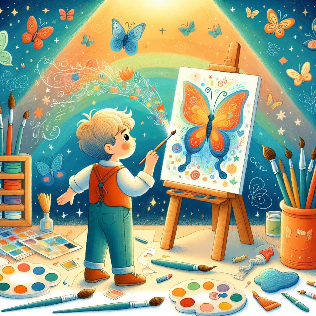 Une illustration destinée aux enfants représentant un petit garçon plein de curiosité et d'imagination, découvrant la magie de la confiance en soi à travers une peinture colorée, accompagné d'une douce mariposa, dans une salle de classe lumineuse remplie de pinceaux, toiles et palettes de couleurs éclatantes.