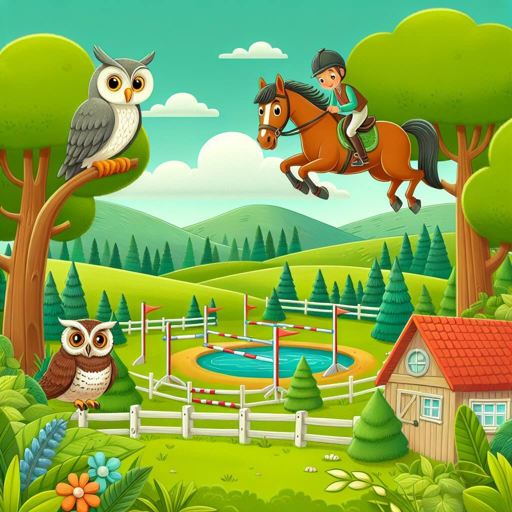 Une illustration destinée aux enfants représentant un cheval aventurier dans un paisible village entouré de prairies verdoyantes, accompagné d'un sage búho, se préparant pour un grand concours de sauts.