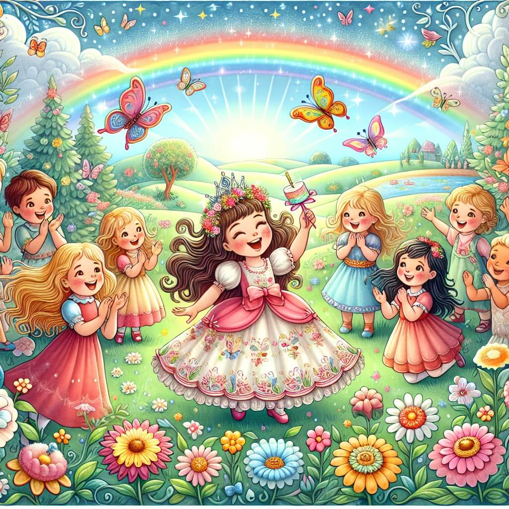 Une illustration destinée aux enfants représentant une petite fille pleine de joie, entourée de ses amis et de sa famille, célébrant son anniversaire dans un jardin enchanté rempli de fleurs colorées, papillons virevoltants et un arc-en-ciel brillant dans le ciel.