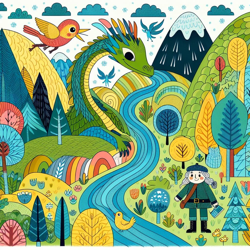 Une illustration destinée aux enfants représentant un dragon farceur, accompagné d'un petit oiseau curieux, dans un monde fantastique rempli de collines verdoyantes, de rivières scintillantes et d'arbres aux couleurs vives.