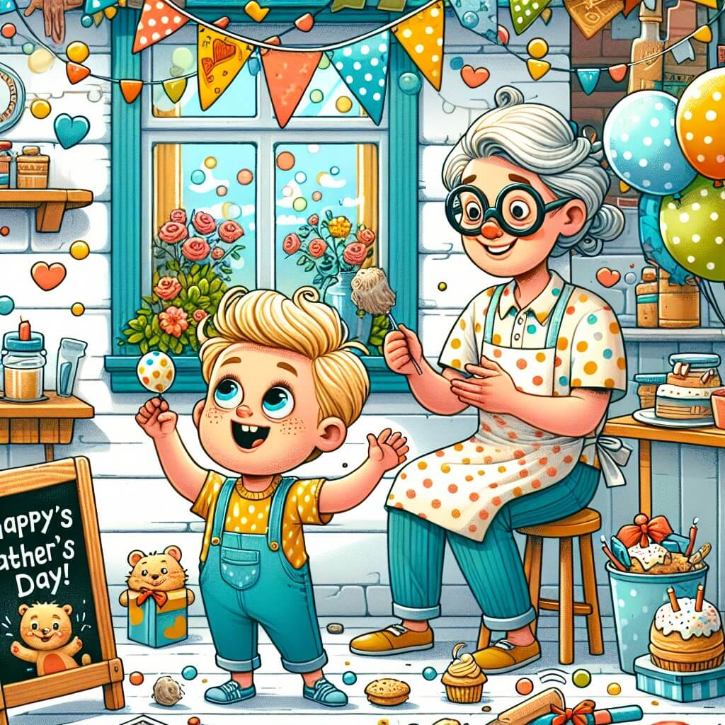 Une illustration destinée aux enfants représentant un petit garçon plein d'énergie et de curiosité, préparant une surprise pour son papa le jour de la fête des pères, avec l'aide de sa maman, dans une maison décorée de ballons colorés et de pancartes joyeuses.