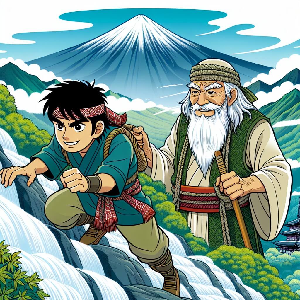 Une illustration destinée aux enfants représentant un homme intrépide, déterminé à escalader une montagne sacrée au Japon, accompagné d'un sage ancien à la longue barbe blanche, dans un paysage luxuriant de montagnes verdoyantes et de cascades scintillantes.