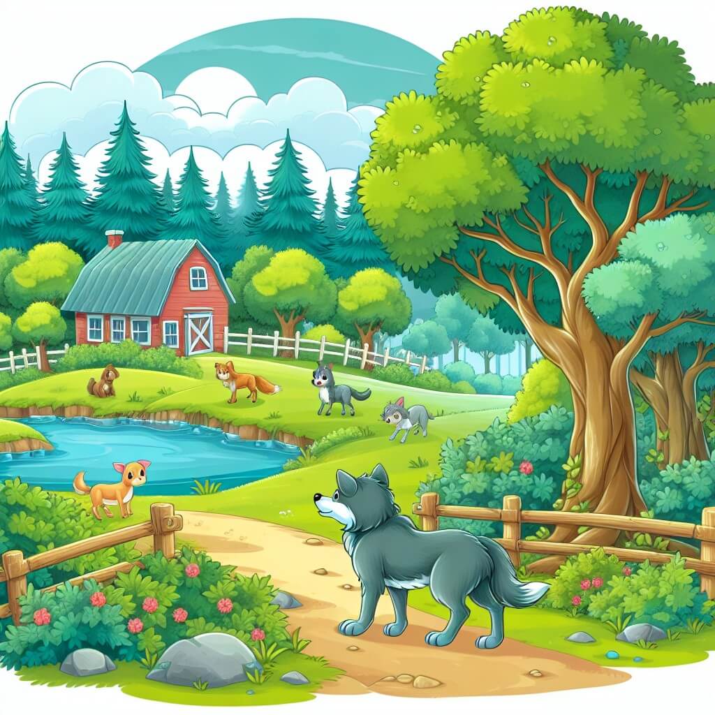 Une illustration destinée aux enfants représentant un loup solitaire qui cherche à se faire des amis dans une belle ferme entourée d'un paisible bosquet.