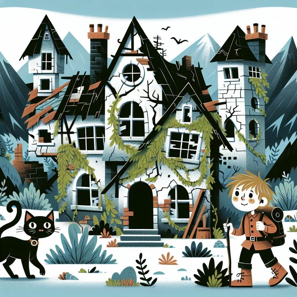 Une illustration destinée aux enfants représentant un petit garçon courageux, explorant une mystérieuse maison en ruines, accompagné d'un chat noir nommé Ombre, dans un village entouré de montagnes, où les fenêtres brisées et les murs recouverts de lianes créent une atmosphère sombre et intrigante.