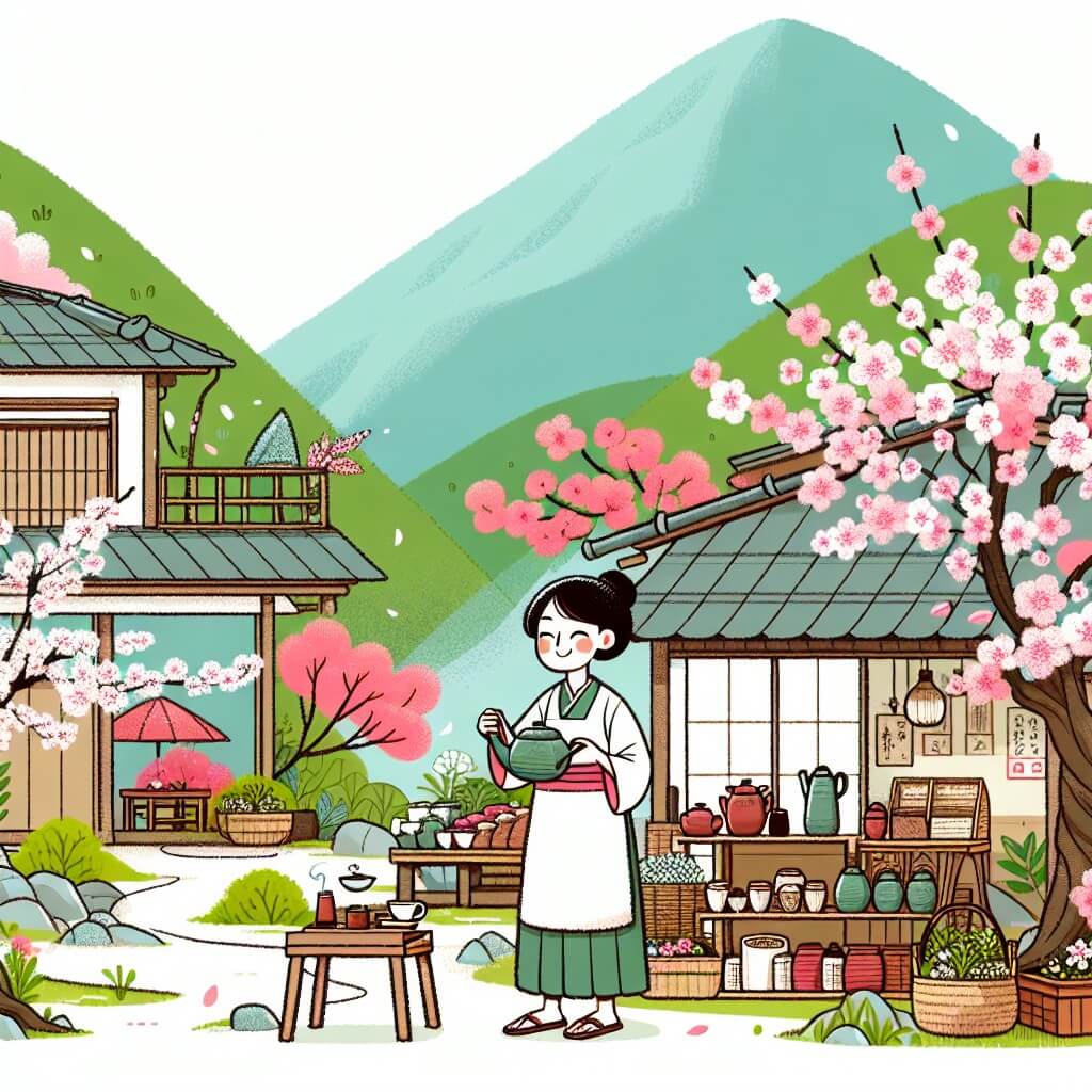 Une illustration destinée aux enfants représentant une femme bienveillante et travailleuse, vivant dans un petit village encastré au cœur des montagnes du Japon, où elle tient une charmante petite boutique de thé, entourée de magnifiques cerisiers en fleurs.