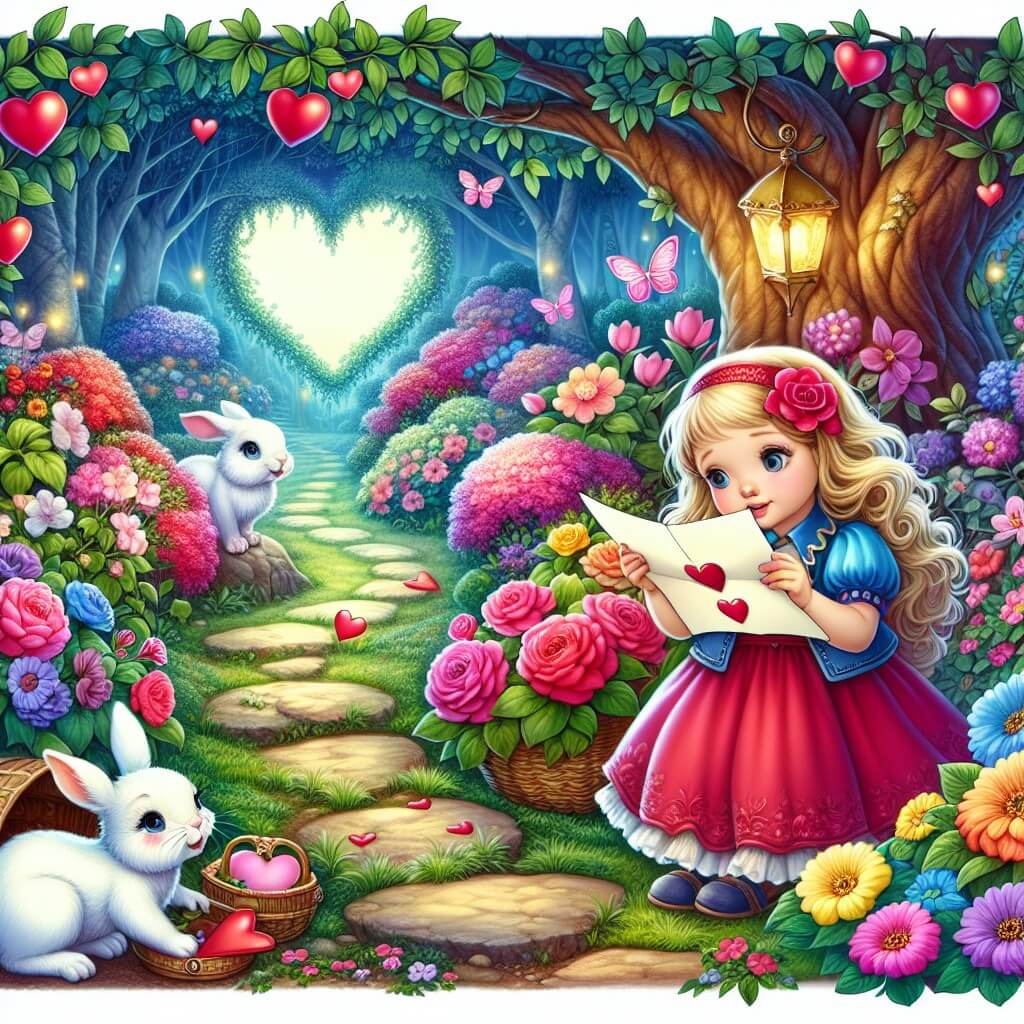 Une illustration destinée aux enfants représentant une petite fille curieuse, découvrant une mystérieuse lettre d'amour dans un parc enchanté, accompagnée d'un adorable lapin blanc, au milieu d'un jardin magique rempli de fleurs multicolores et d'un arbre en forme de cœur.
