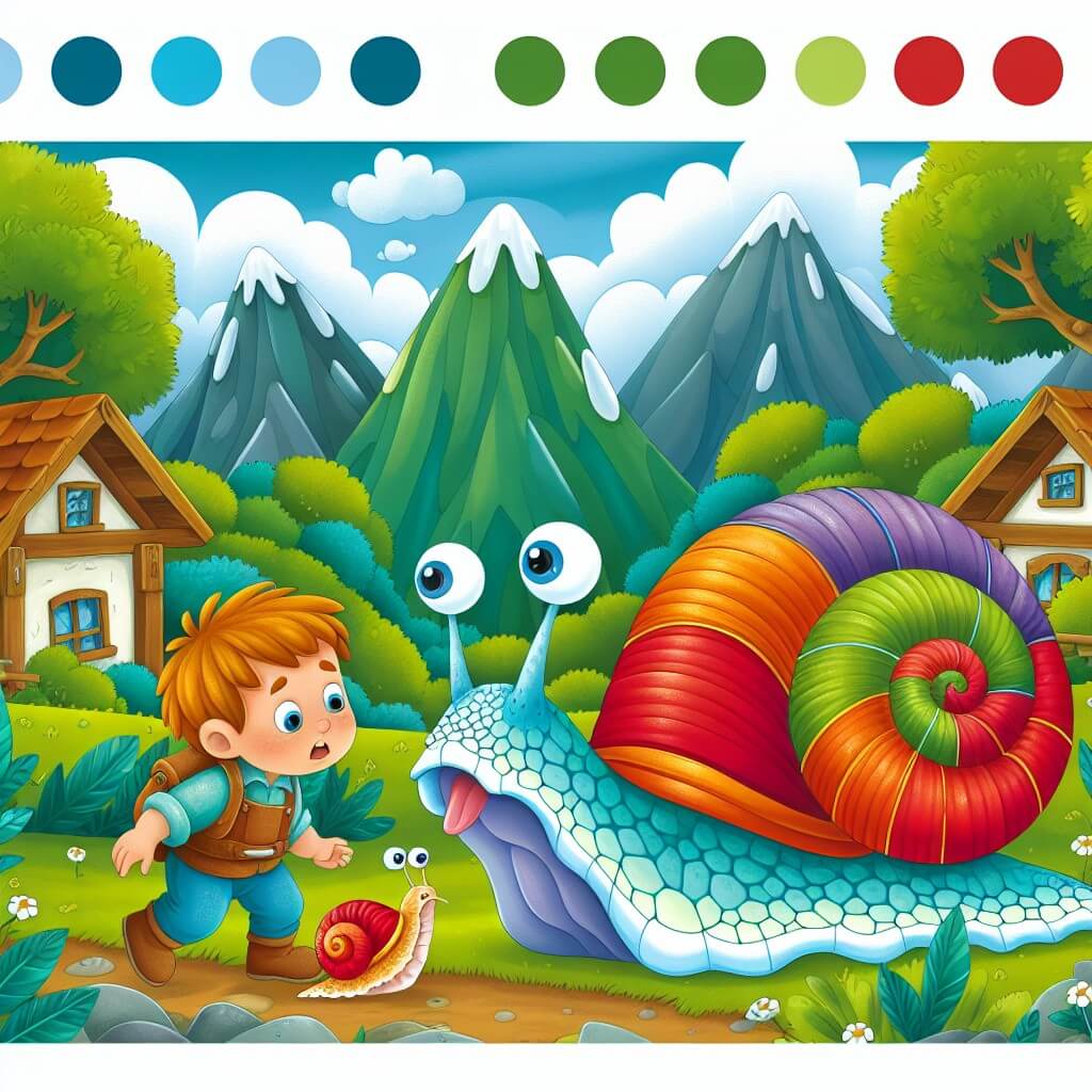 Une illustration destinée aux enfants représentant un petit garçon curieux et aventurier, découvrant un caracol malade avec des couleurs vives sur sa coquille, accompagné d'un caracol doré mystérieux, dans un petit village entouré de montagnes luxuriantes et verdoyantes.