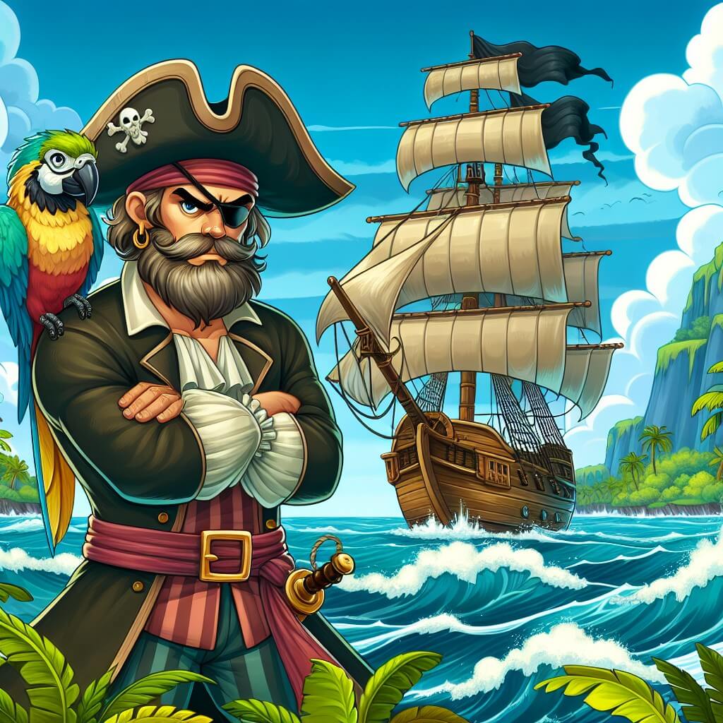 Une illustration destinée aux enfants représentant un intrépide pirate, debout sur le pont de son majestueux navire, accompagné de son fidèle perroquet, naviguant sur des flots tumultueux entourés d'îles tropicales luxuriantes et d'un ciel bleu éclatant.