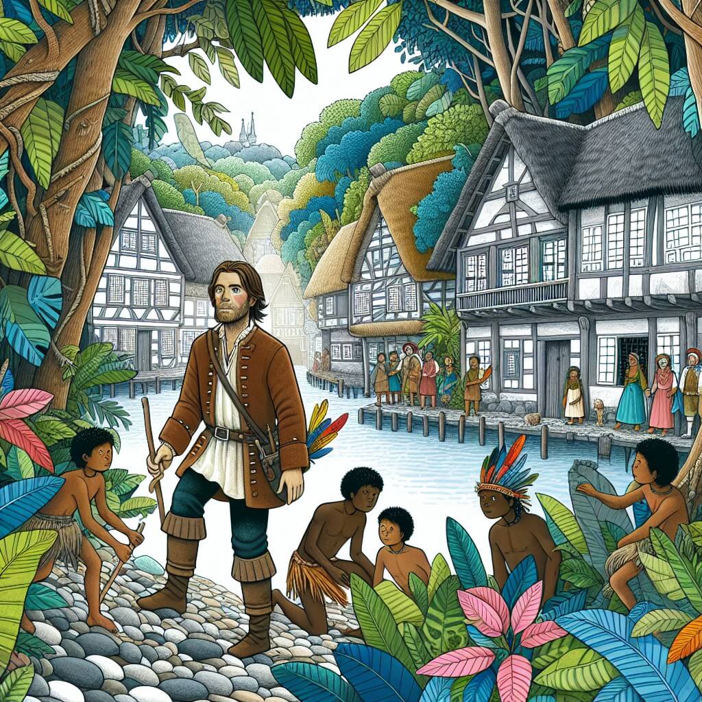 Une illustration destinée aux enfants représentant un homme curieux et aventurier, plongé au cœur d'une forêt dense et exotique, accompagné d'une tribu indigène bienveillante, dans un village pittoresque du 17ème siècle rempli de maisons en bois colorées et de rues pavées étroites.