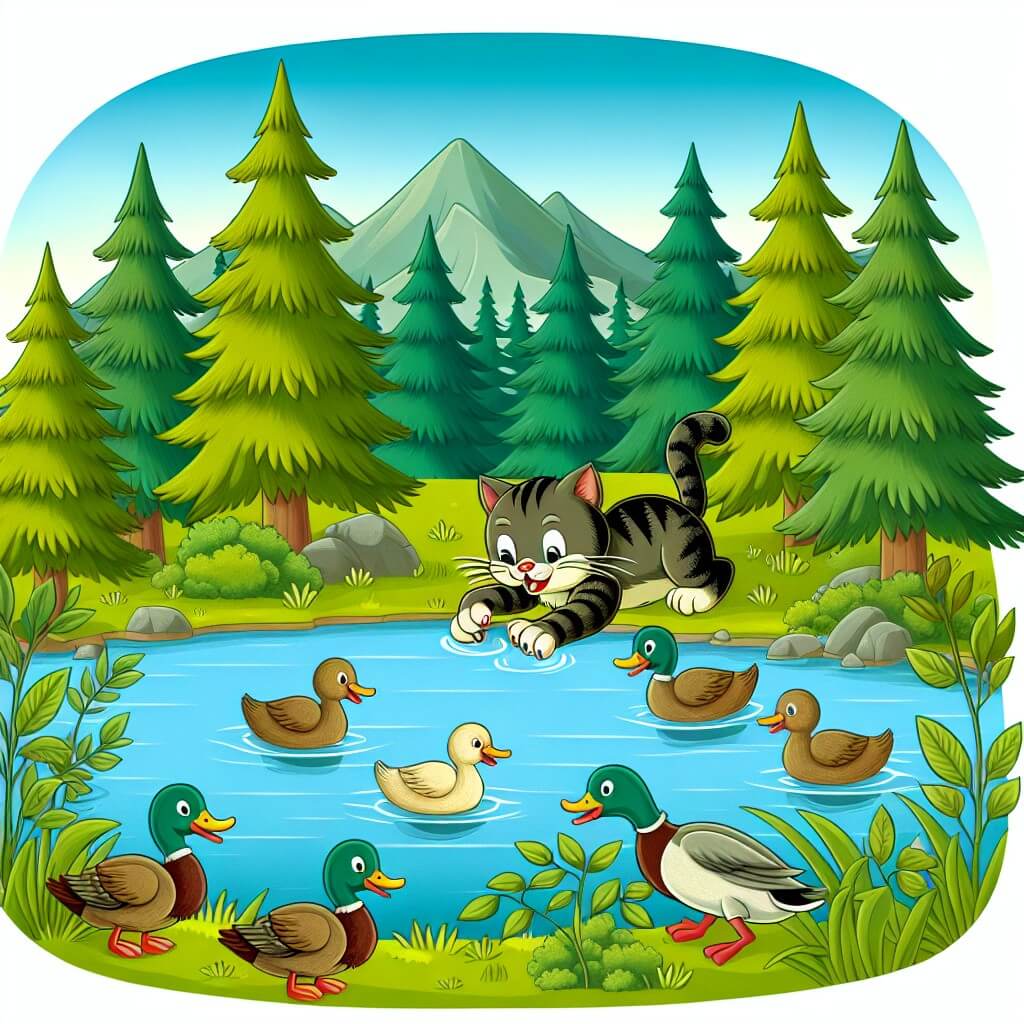 Une illustration destinée aux enfants représentant un chat espiègle en train de jouer avec un groupe de canards au bord d'un magnifique lac entouré de grands arbres verdoyants.