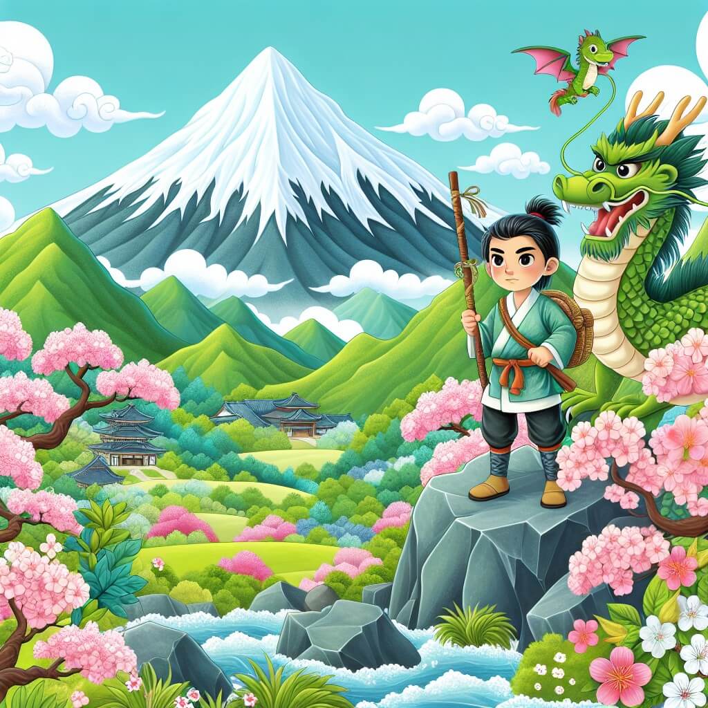 Une illustration destinée aux enfants représentant un homme curieux et courageux, se tenant au sommet d'une montagne majestueuse, accompagné d'un dragon mythique, dans un paysage japonais enchanteur avec des cerisiers en fleurs et des montagnes verdoyantes.