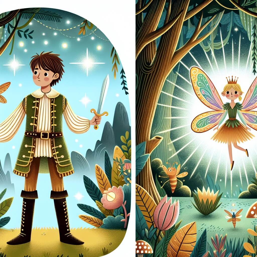 Une illustration destinée aux enfants représentant un prince courageux, se trouvant dans une forêt enchantée, aux côtés d'une fée captive, dans un royaume lointain et magique.