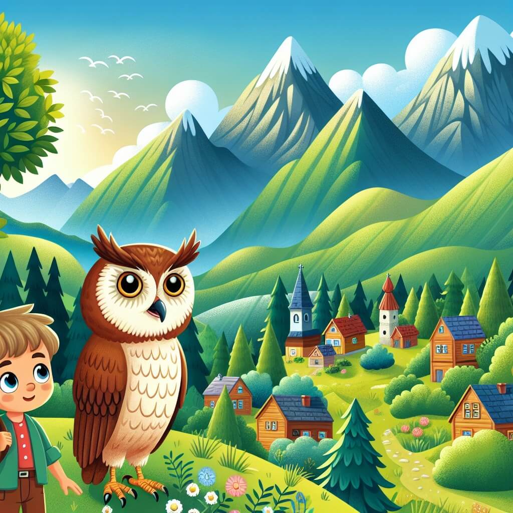 Une illustration destinée aux enfants représentant un petit garçon curieux, se tenant au sommet d'une montagne verdoyante, aux côtés d'un sage búho parlant, dans un petit village entouré de magnifiques paysages montagneux.