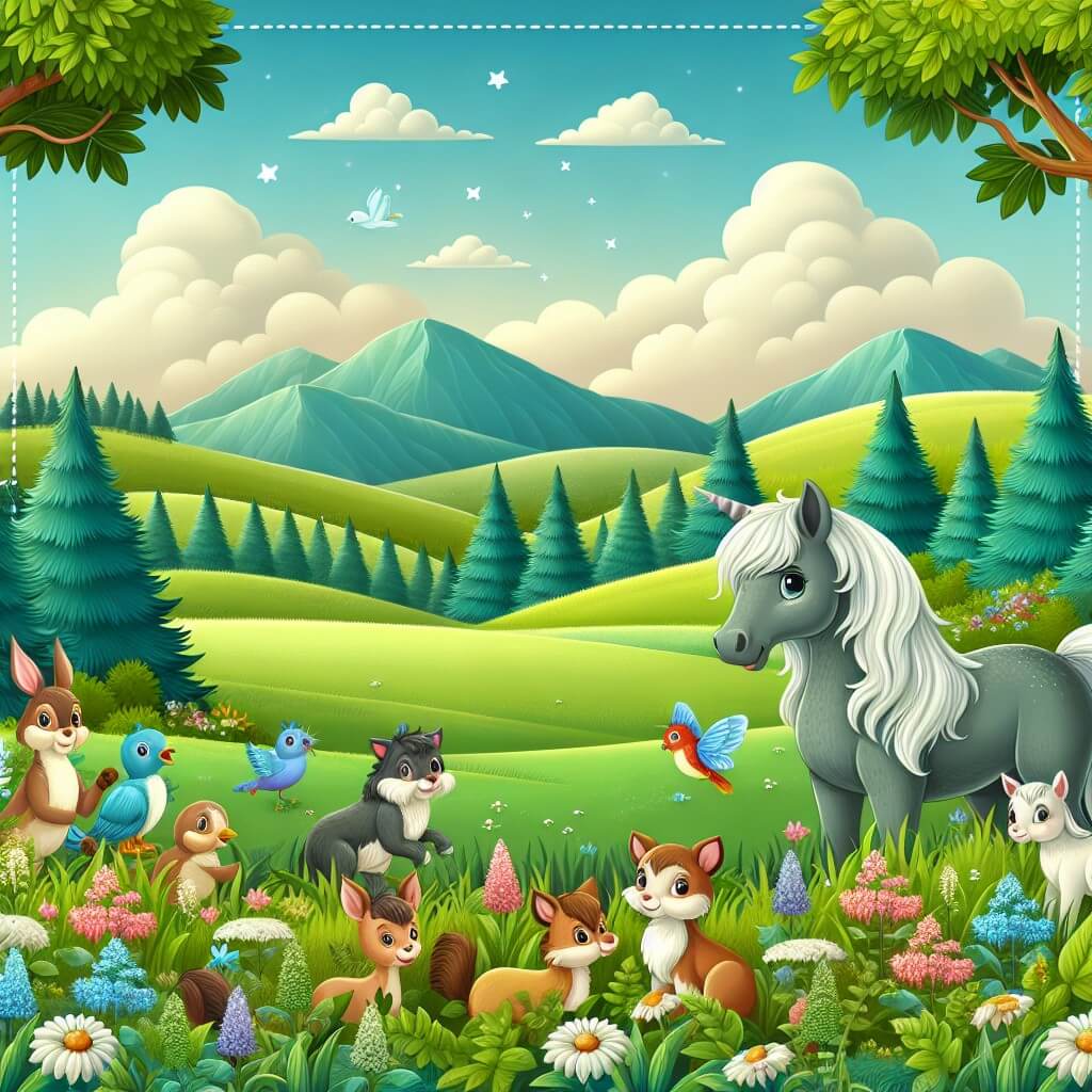 Une illustration destinée aux enfants représentant un majestueux cheval curieux, explorant un vaste prado verdoyant entouré de collines fleuries, accompagné de divers animaux qui l'avertissent des dangers de la forêt enchantée.