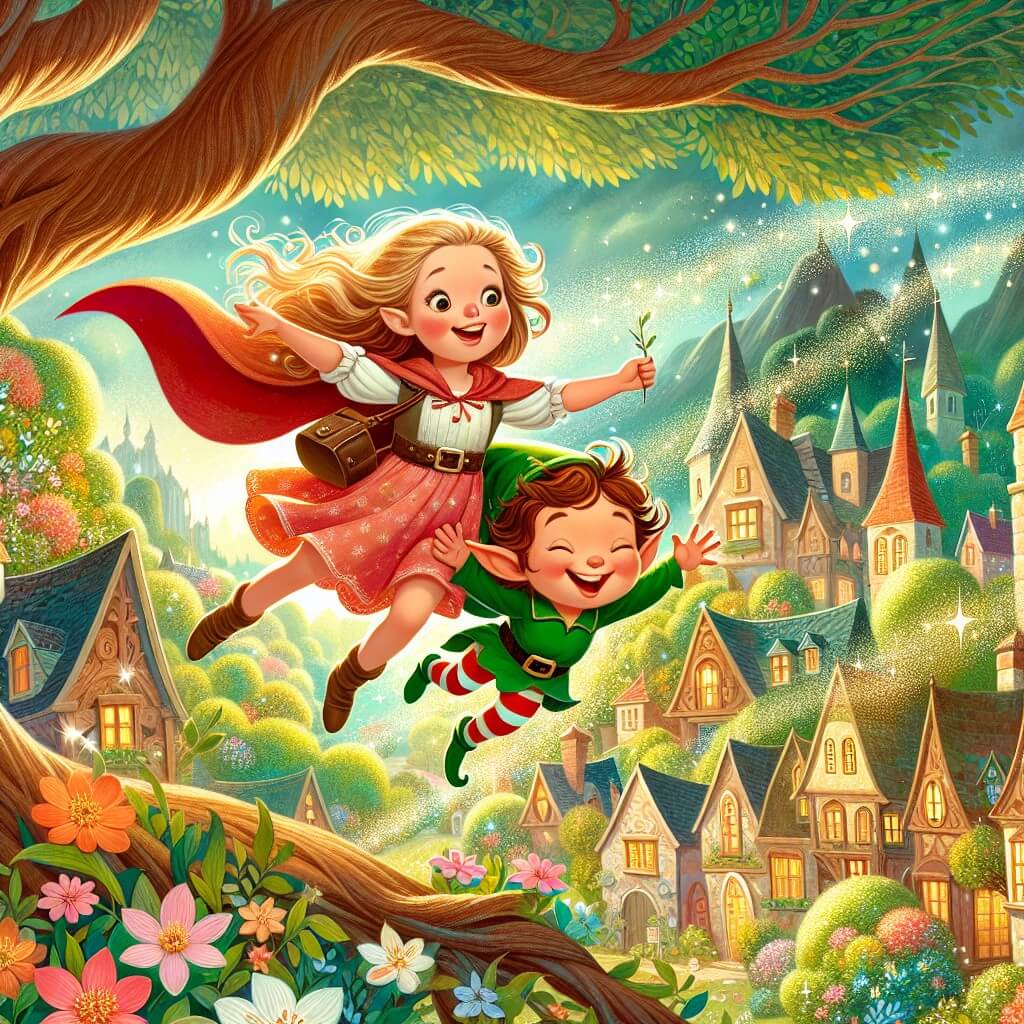 Une illustration destinée aux enfants représentant une petite fille intrépide, plongée dans une aventure palpitante aux côtés d'un joyeux elfe, dans un village pittoresque entouré de forêts enchantées, où les arbres semblent danser avec la brise et les fleurs éclatent de couleurs chatoyantes.
