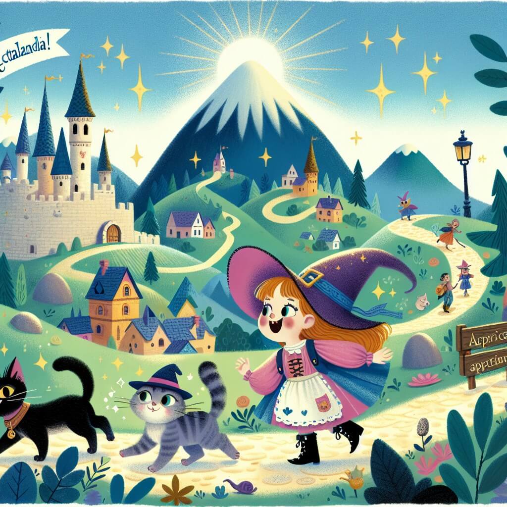 Une illustration destinée aux enfants représentant une apprentie sorcière pleine de malice, se retrouvant dans une quête magique avec un chat parlant à travers un chemin enchanté, menant à une montagne de rires et de trésors étincelants, dans le charmant village d'Encantolandia.