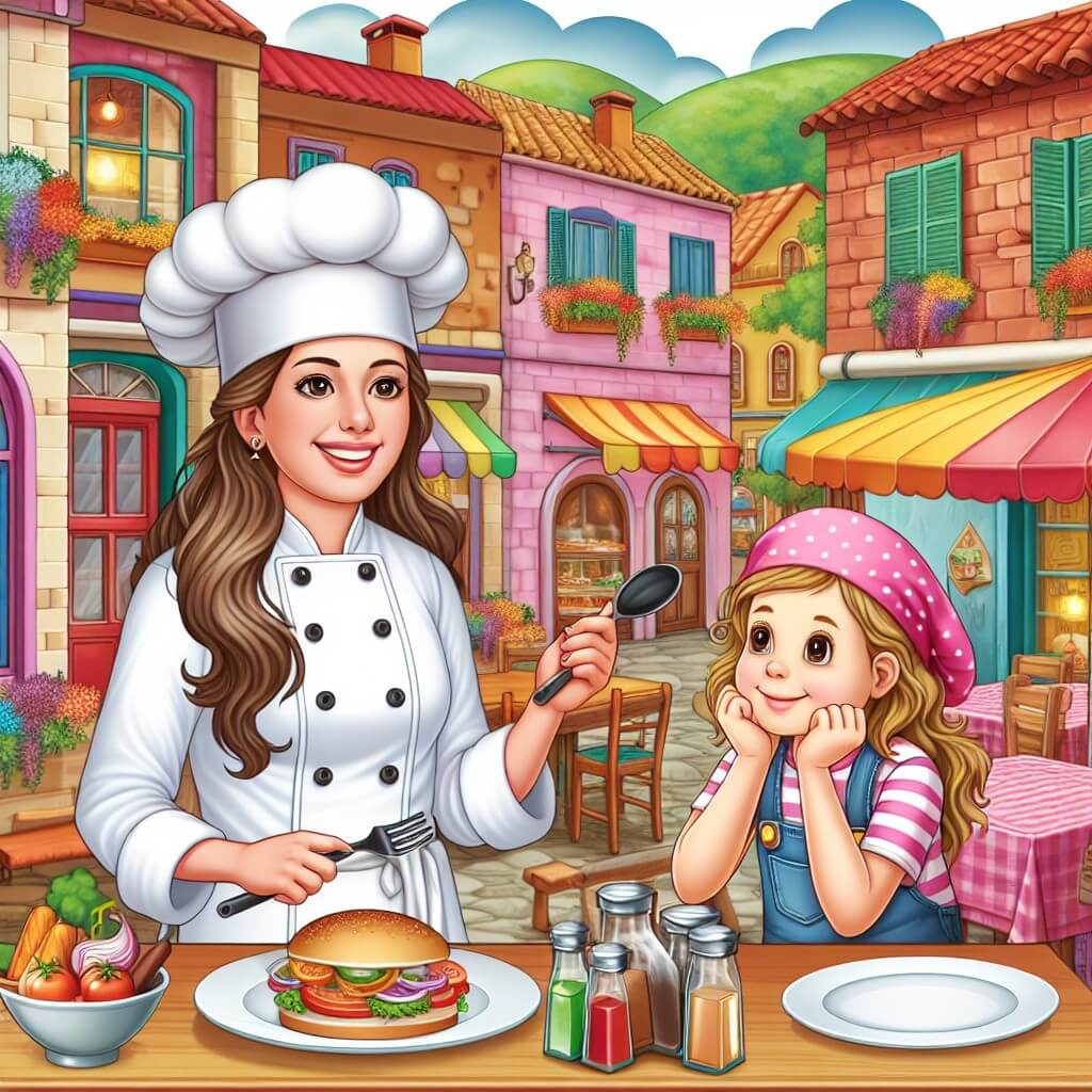 Une illustration destinée aux enfants représentant une femme chef cuisinier passionnée, accompagnée d'une jeune fille curieuse, dans un restaurant coloré et animé, situé au cœur d'un petit village plein de vie.