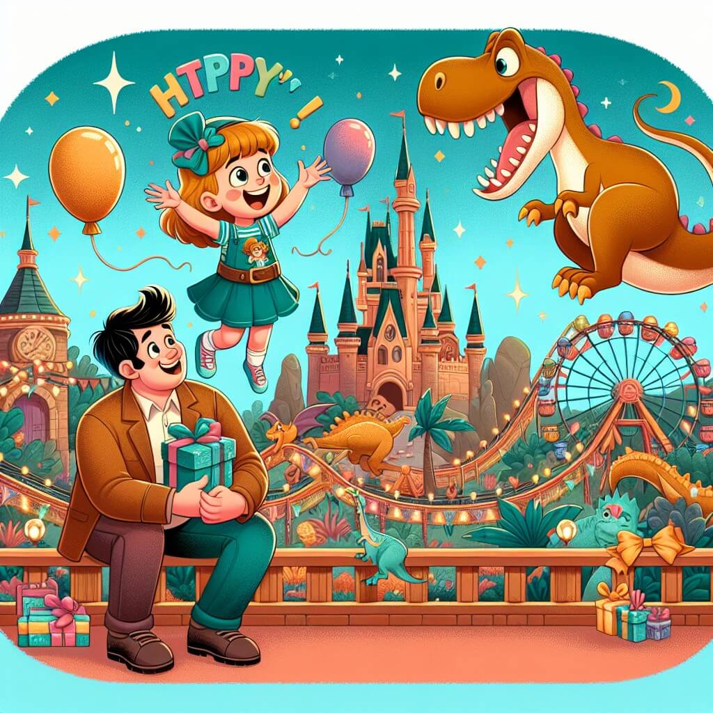 Une illustration destinée aux enfants représentant une petite fille pleine d'enthousiasme et d'imagination, qui rêve de faire un cadeau spécial à son papa pour la fête des pères, avec pour toile de fond un parc tematique magique rempli de dinosaures où elle vivra une aventure inoubliable accompagnée de son papa et d'un adorable dinosaure.