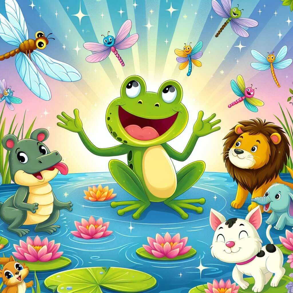 Une illustration destinée aux enfants représentant une grenouille espiègle et joyeuse, entourée d'animaux amusants, dans un estanque scintillant entouré de nénuphars colorés et de libellules virevoltantes.
