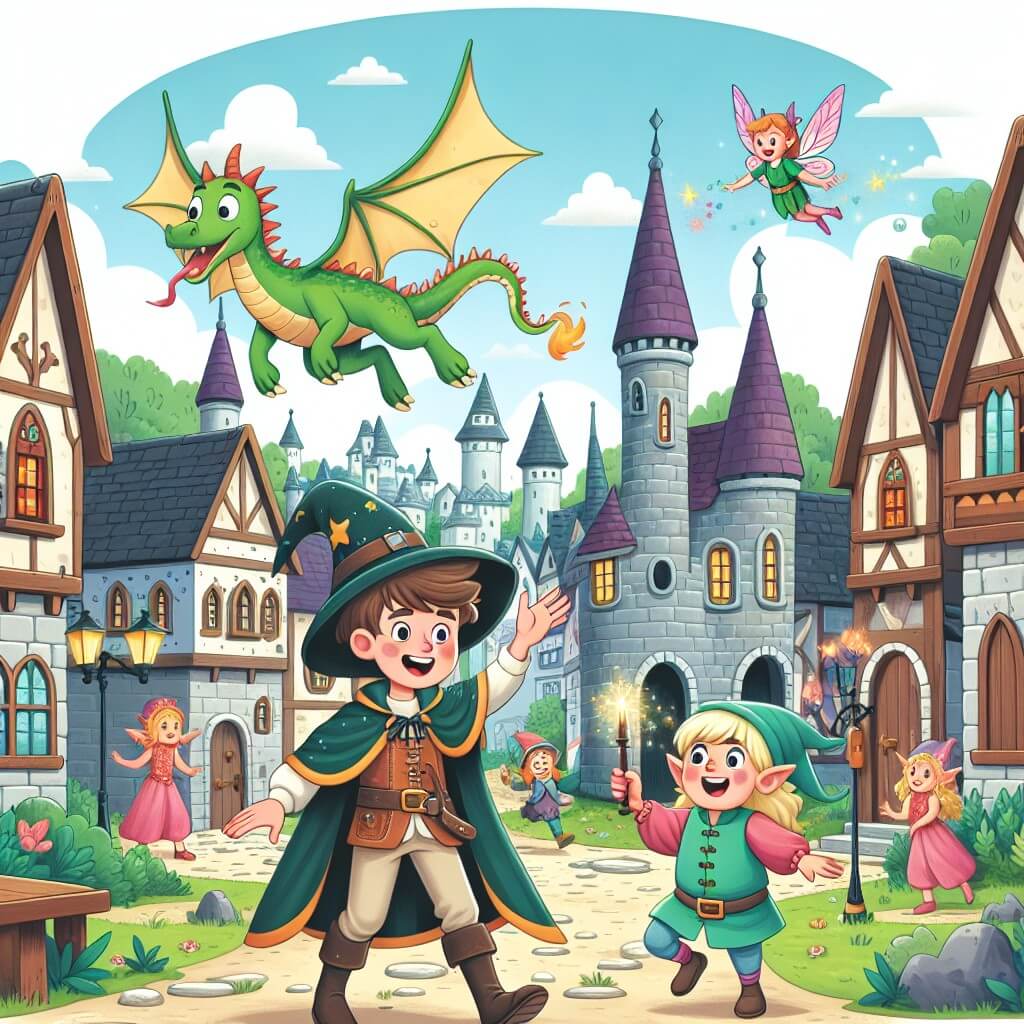 Une illustration destinée aux enfants représentant un apprenti sorcier plein d'enthousiasme, vivant des aventures magiques avec son fidèle dragon, dans un village enchanté où les maisons ressemblent à des châteaux et les rues sont remplies de duendes et de fées joueuses.