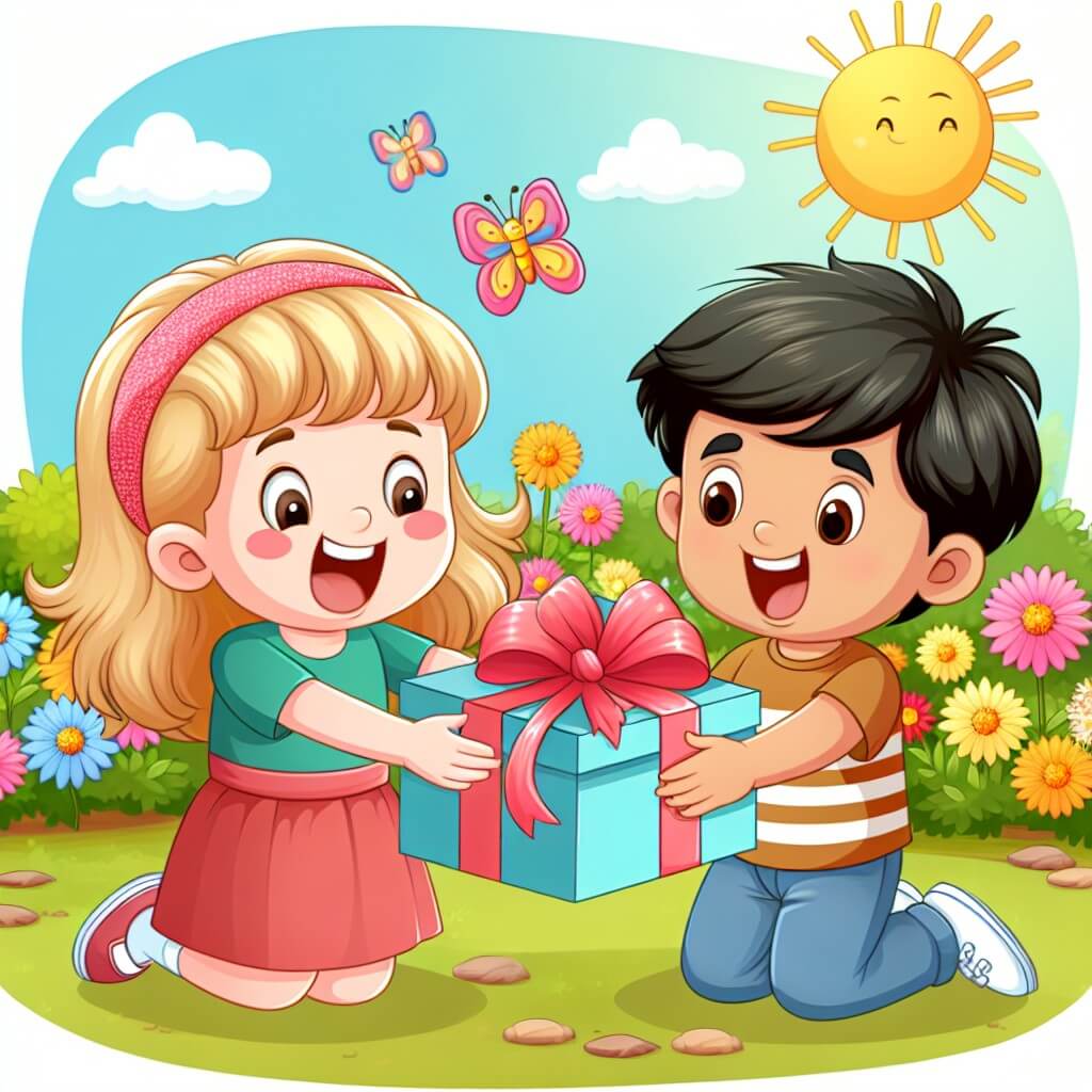 Une illustration destinée aux enfants représentant une petite fille pleine d'enthousiasme, préparant une surprise pour son papa, avec l'aide de sa meilleure amie, dans un parc ensoleillé rempli de fleurs colorées.