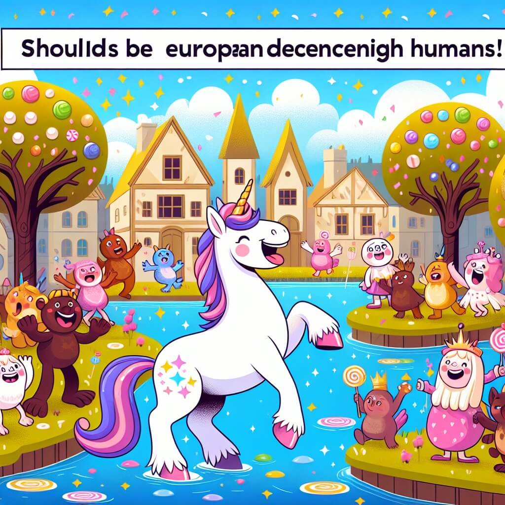 Une illustration destinée aux enfants représentant une licorne joyeuse, entourée de créatures rigolotes, dans un village enchanté où les arbres sont couverts de bonbons et les rivières scintillent de confettis.