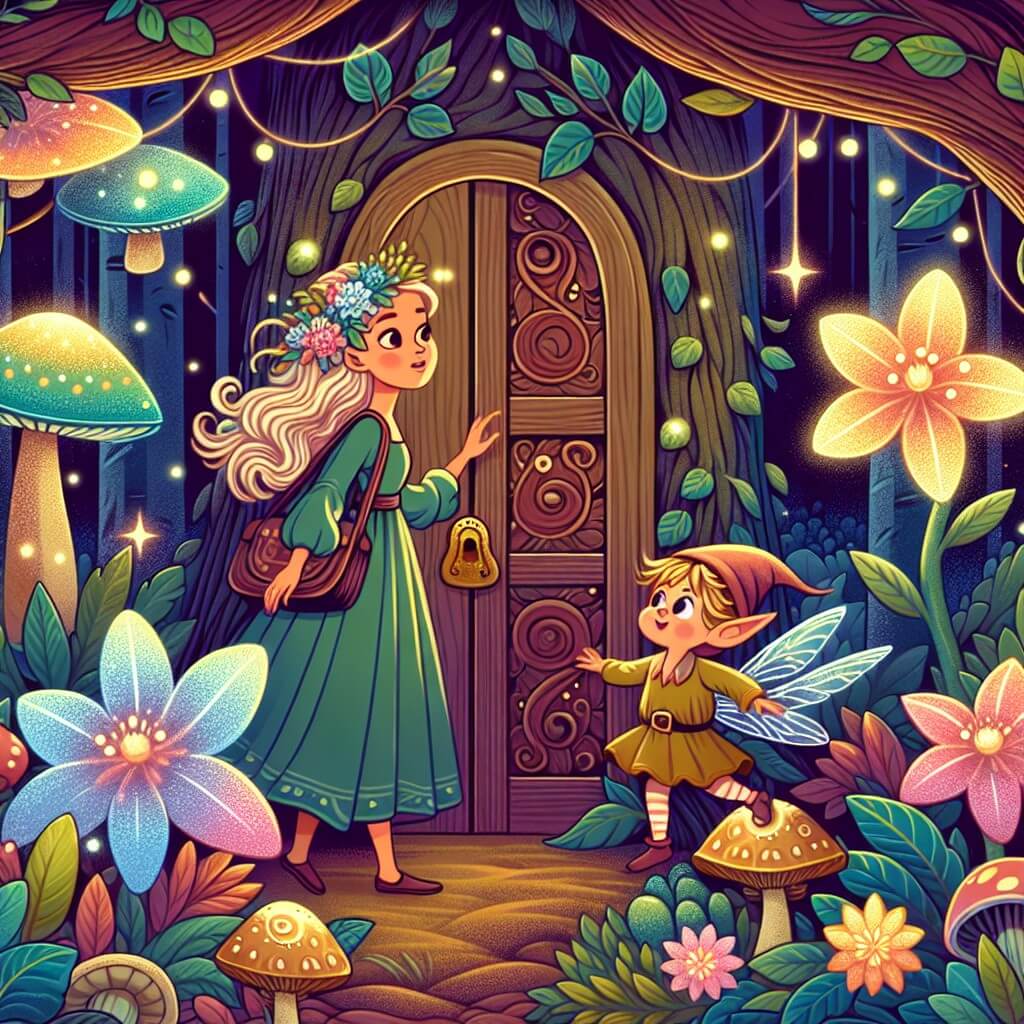 Une illustration destinée aux enfants représentant une femme courageuse et imaginative, découvrant une mystérieuse porte cachée dans un bosquet enchanté, où elle rencontre un adorable petit elfe, dans un monde féerique rempli de champignons lumineux et de fleurs brillantes aux pétales chatoyants.