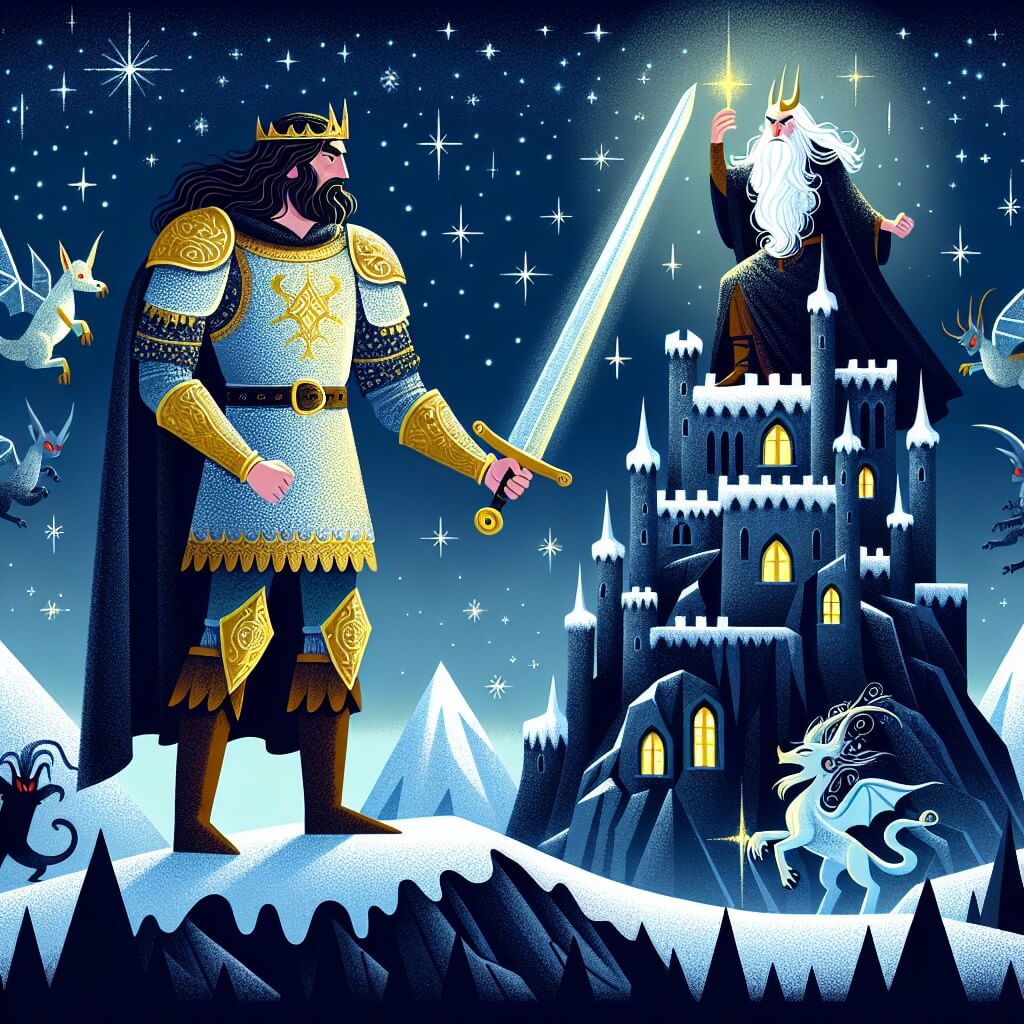 Une illustration destinée aux enfants représentant un homme courageux, vêtu d'une armure étincelante, brandissant une épée magique, se tenant face à un maléfique sorcier, dans un sombre château perché au sommet d'une montagne enneigée, entouré de créatures fantastiques.