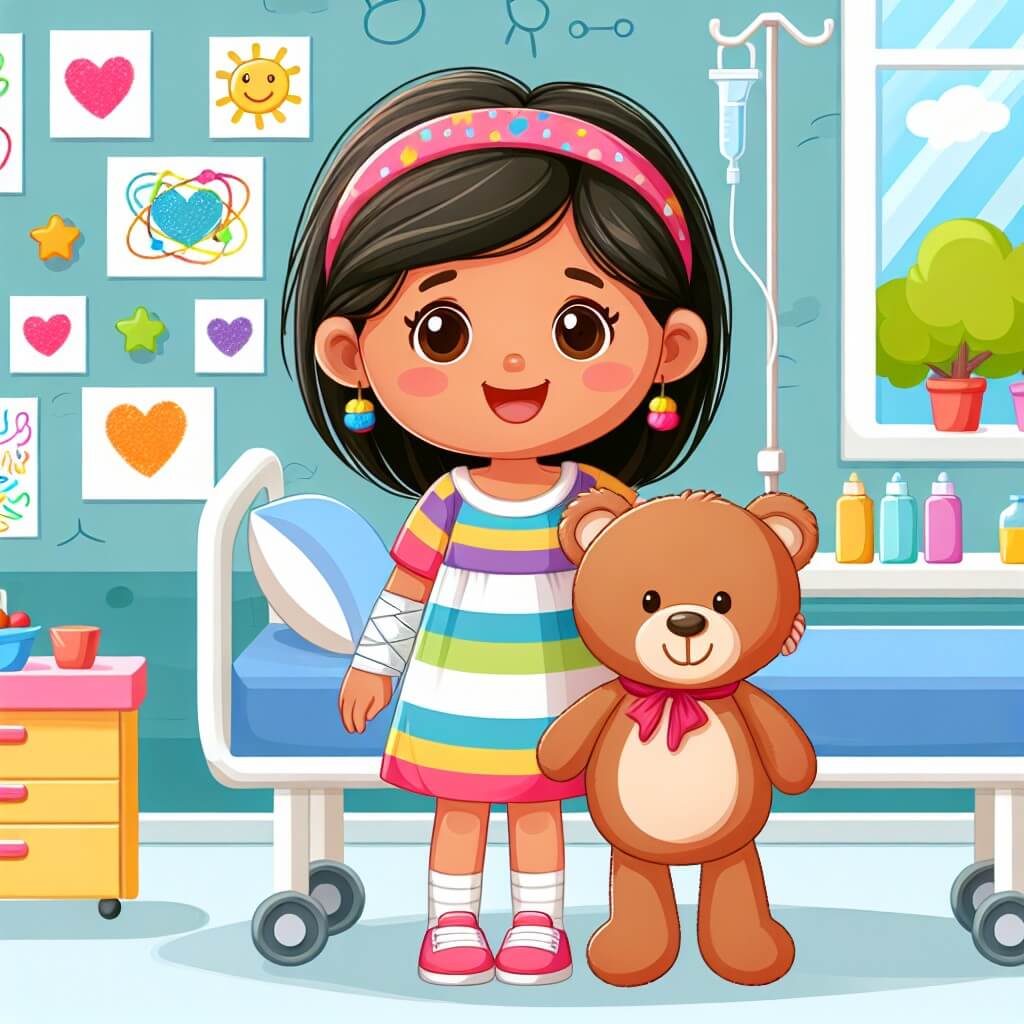 Une illustration destinée aux enfants représentant une petite fille souriante, vêtue d'une robe colorée, qui fait face à la maladie, accompagnée d'un adorable ourson en peluche, dans une chambre d'hôpital lumineuse et remplie de dessins colorés accrochés aux murs.