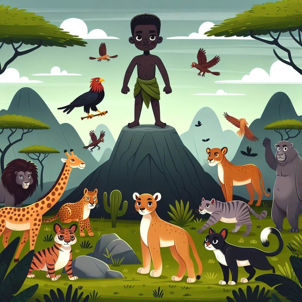 Une illustration destinée aux enfants représentant un homme courageux, entouré d'animaux exotiques, se tenant au sommet d'une montagne mystérieuse au cœur de la savane africaine.