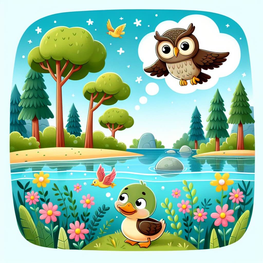 Une illustration destinée aux enfants représentant un petit canard rêvant de voler, accompagné d'un sage hibou, dans un magnifique lagon entouré de hauts arbres et de fleurs colorées.