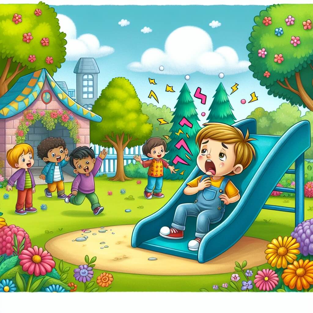 Une illustration destinée aux enfants représentant un petit garçon souriant, entouré de ses amis, dans un parc coloré rempli de fleurs, arbres et un grand toboggan, alors qu'il fait face à une maladie qui le rend étourdi et déséquilibré.