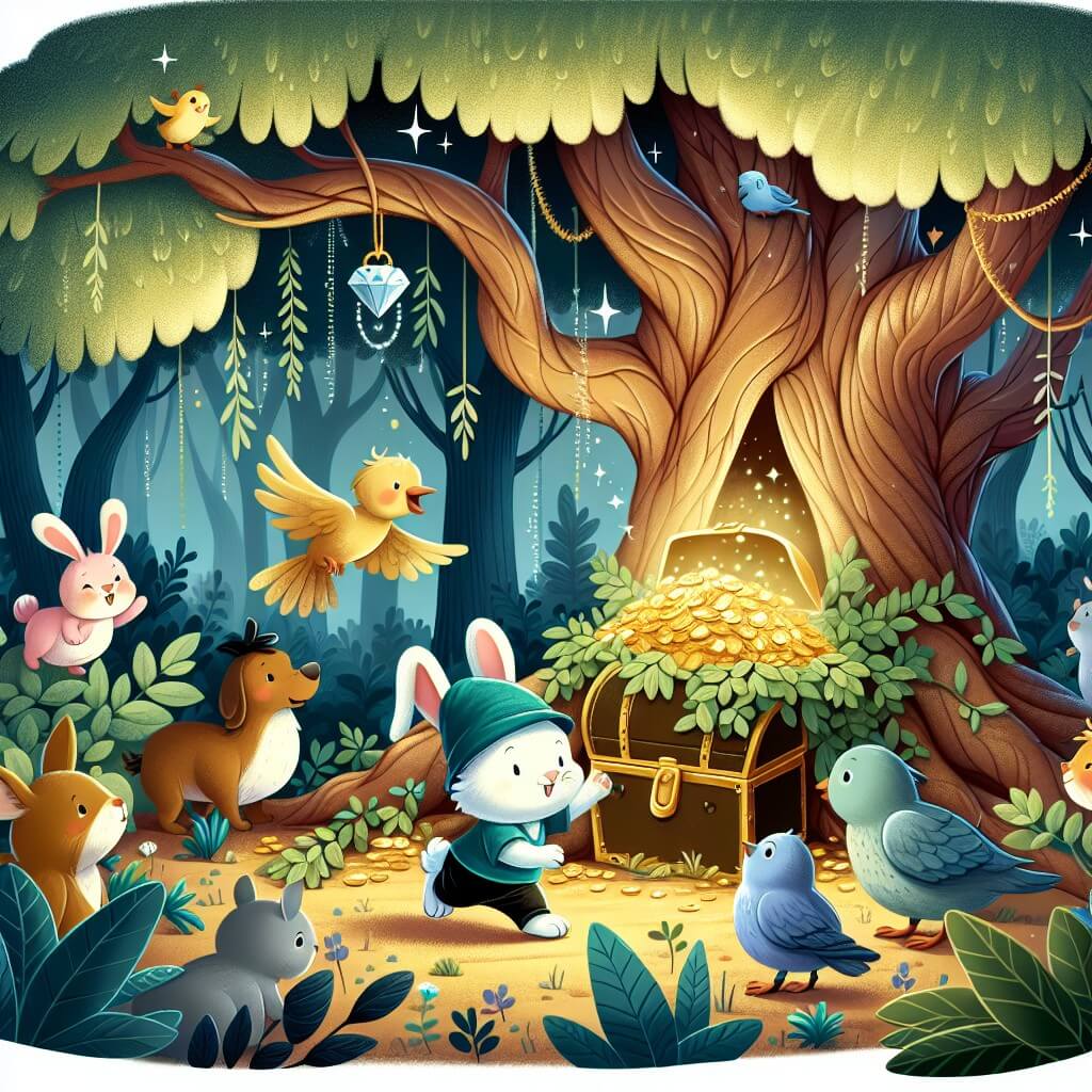 Une illustration destinée aux enfants représentant un petit lapin courageux, se trouvant dans une forêt enchantée, accompagné d'un oiseau bavard, découvrant un mystérieux trésor caché sous les racines d'un majestueux arbre aux feuilles chatoyantes, entourés d'autres animaux qui les observent avec curiosité et admiration.