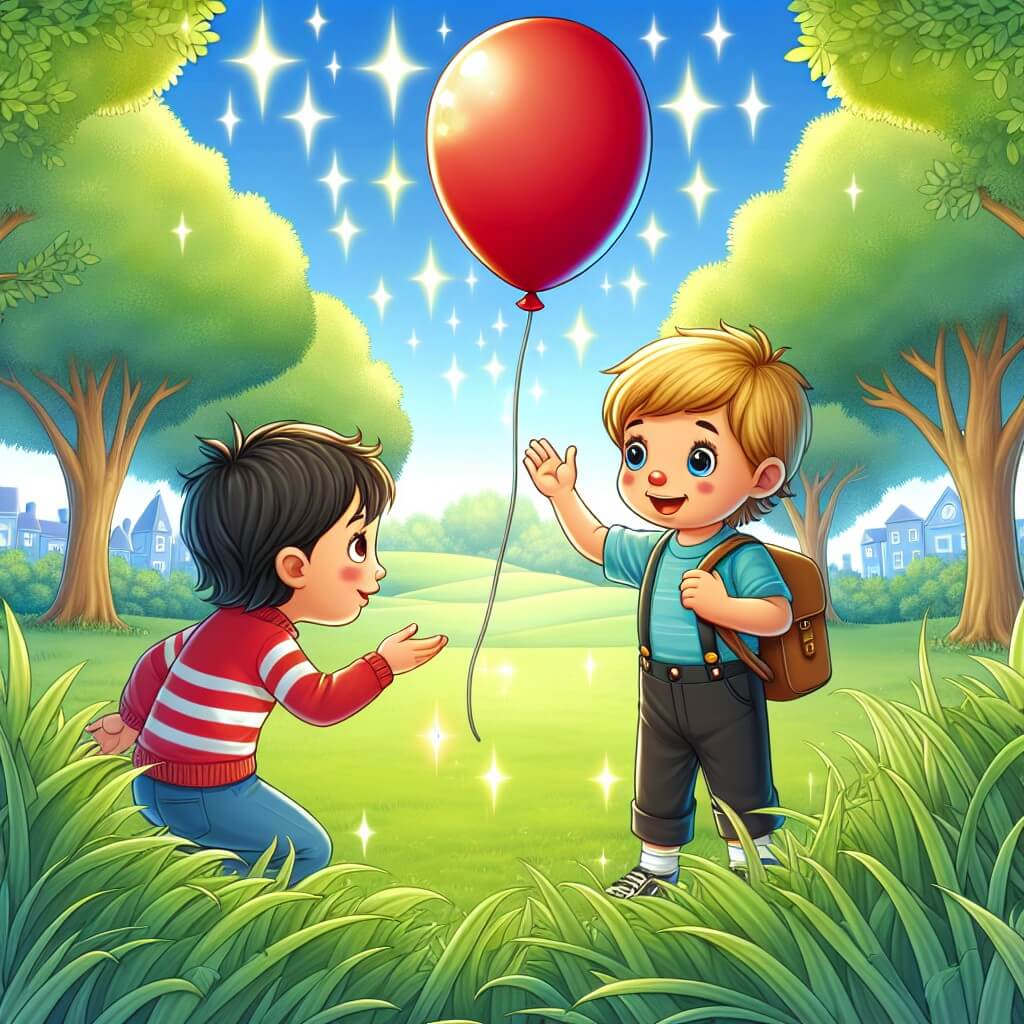 Une illustration destinée aux enfants représentant un petit garçon curieux qui se retrouve dans une situation délicate après avoir raconté des histoires incroyables à son amie, entouré d'un magnifique parc verdoyant avec un ciel bleu et un grand ballon rouge flottant dans l'air.