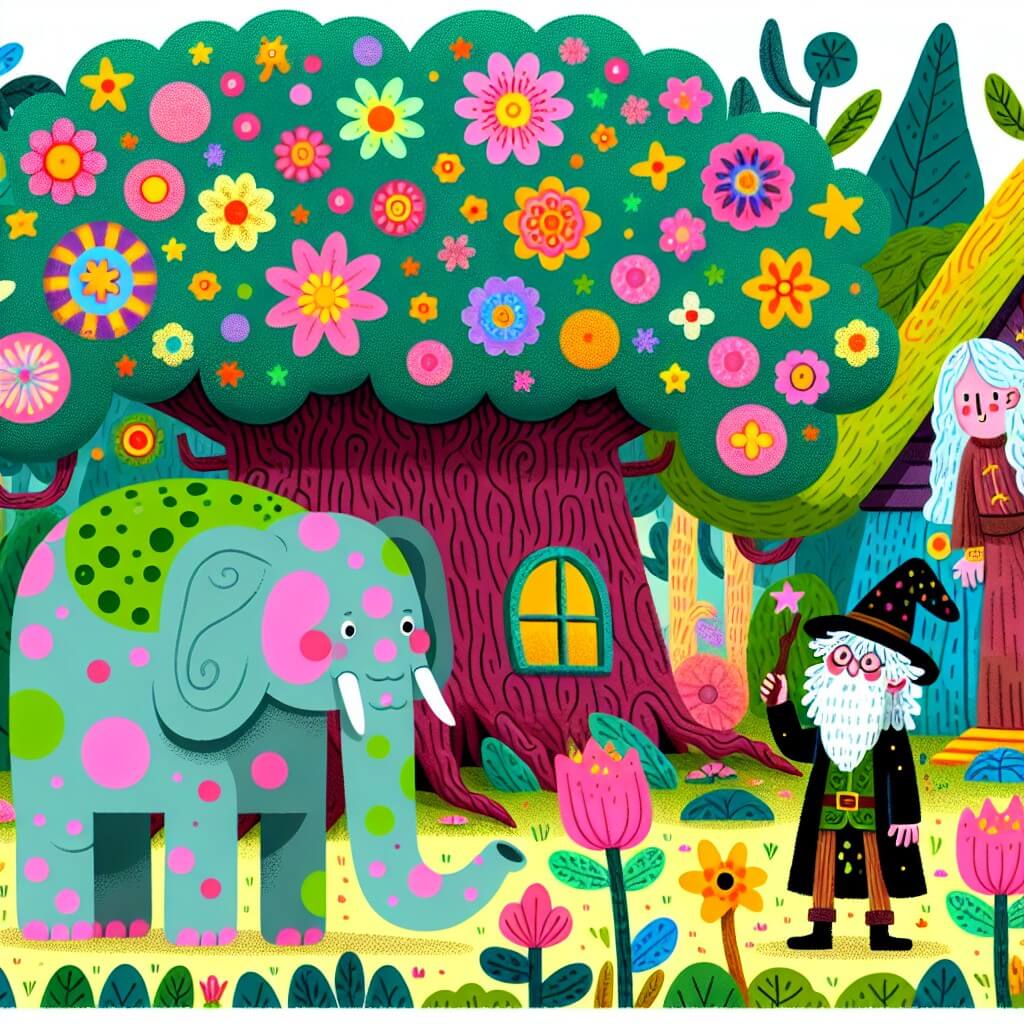 Une illustration destinée aux enfants représentant un sorcier maladroit et plein de charme, dans une forêt enchantée où un arbre s'est transformé en un éléphant rose à pois verts, sous le regard amusé d'une gentille sorcière aux cheveux argentés, devant sa maison magique couverte de fleurs changeantes de toutes les couleurs de l'arc-en-ciel.