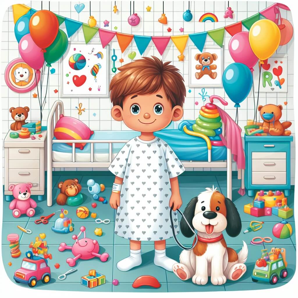Une illustration destinée aux enfants représentant un petit garçon souriant, vêtu d'une blouse d'hôpital, entouré de jouets et de ballons colorés, accompagné d'un chien fidèle, dans une chambre hospitalière remplie de dessins joyeux et de guirlandes lumineuses.