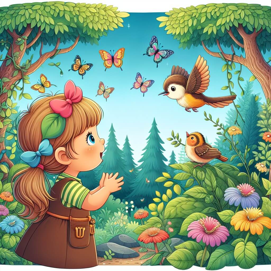 Une illustration destinée aux enfants représentant une petite fille curieuse, confrontée à un défi éprouvant, accompagnée d'un adorable pajarito, dans un jardin fleuri rempli d'arbres colorés et de papillons virevoltants.