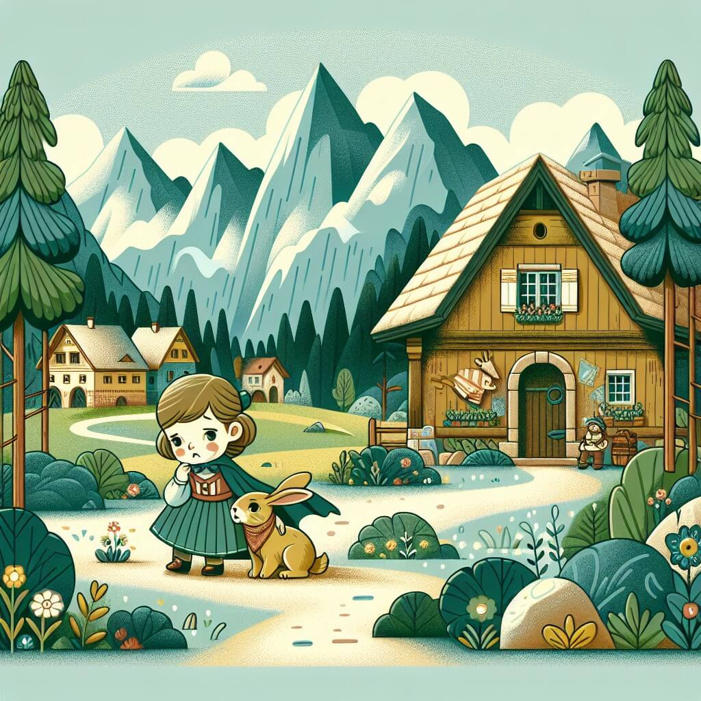 Une illustration destinée aux enfants représentant une petite fille courageuse, affrontant une maladie, accompagnée de son fidèle lapin, dans un petit village entouré de montagnes majestueuses et de forêts verdoyantes.