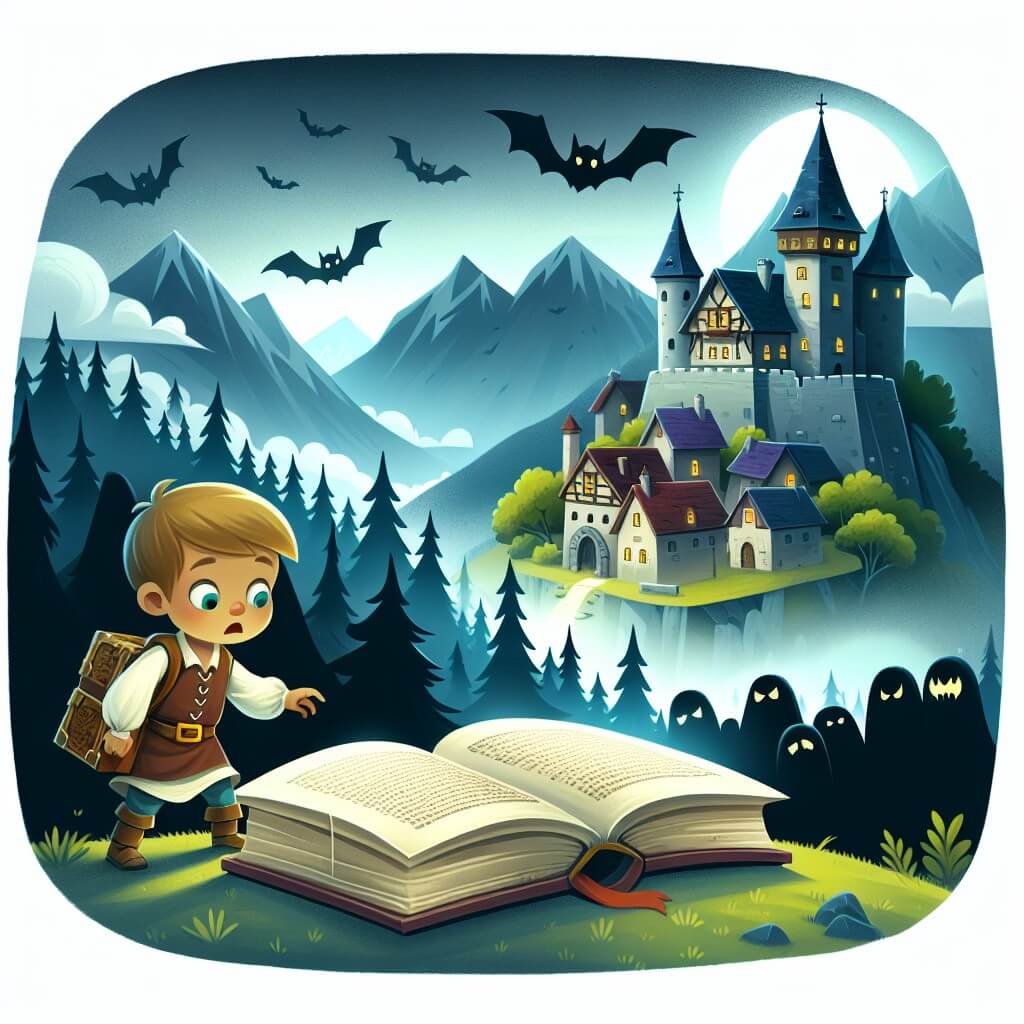 Une illustration destinée aux enfants représentant un petit garçon intrépide, découvrant un mystérieux livre ancien dans un village entouré de montagnes, où un castel ténébreux se dresse, enveloppé d'une épaisse brume et abritant des chauves-souris effrayantes.