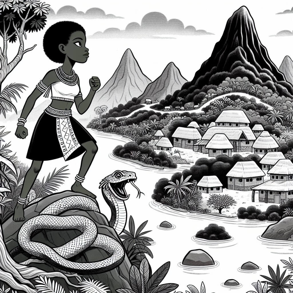 Une illustration destinée aux enfants représentant une femme courageuse et astucieuse, se tenant au sommet d'une montagne escarpée, accompagnée d'une mystérieuse serpente magique, dans un village africain entouré de rivières et de végétation luxuriante.