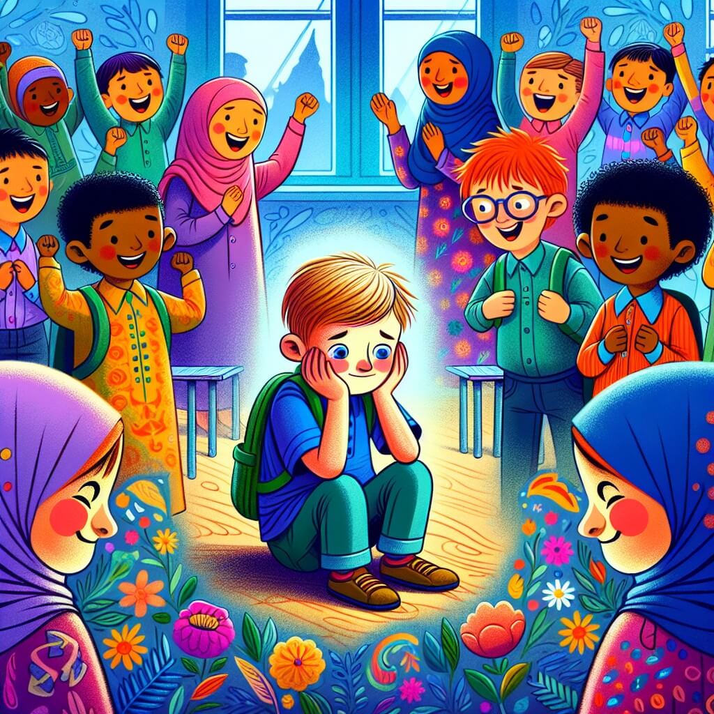 Une illustration destinée aux enfants représentant un petit garçon timide qui fait face à un défi important avec l'aide d'un nouvel ami dans une école vibrante et colorée, entourée de joyeux enfants.