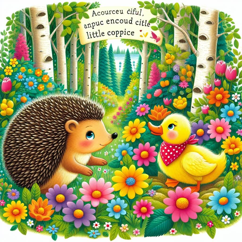 Une illustration destinée aux enfants représentant un hérisson courageux, entouré de fleurs colorées, qui fait la rencontre d'un petit canard et ensemble, ils explorent un magnifique bosquet enchanté.