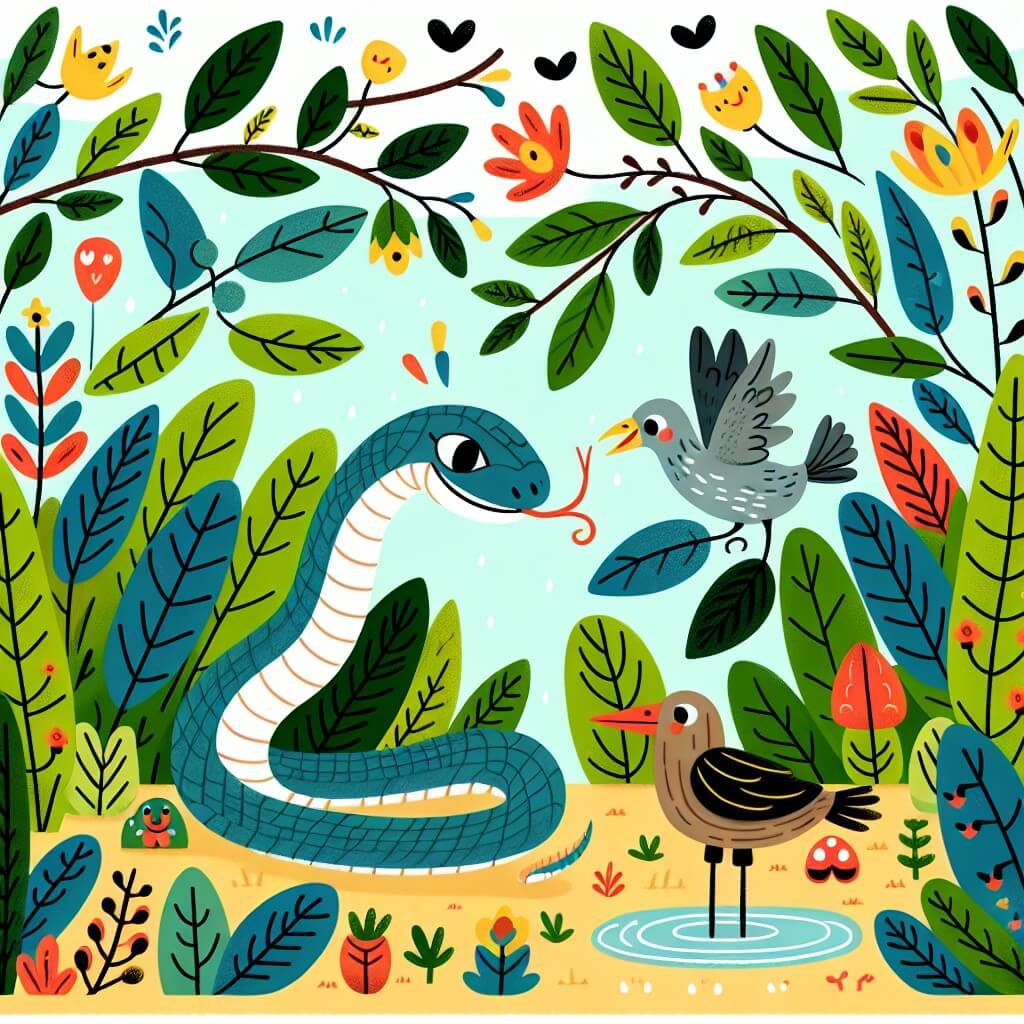 Une illustration destinée aux enfants représentant un serpent malicieux et curieux, se retrouvant face à un oiseau blessé, dans une luxuriante jungle où la végétation foisonnante et colorée se mêle aux chants mélodieux des animaux.