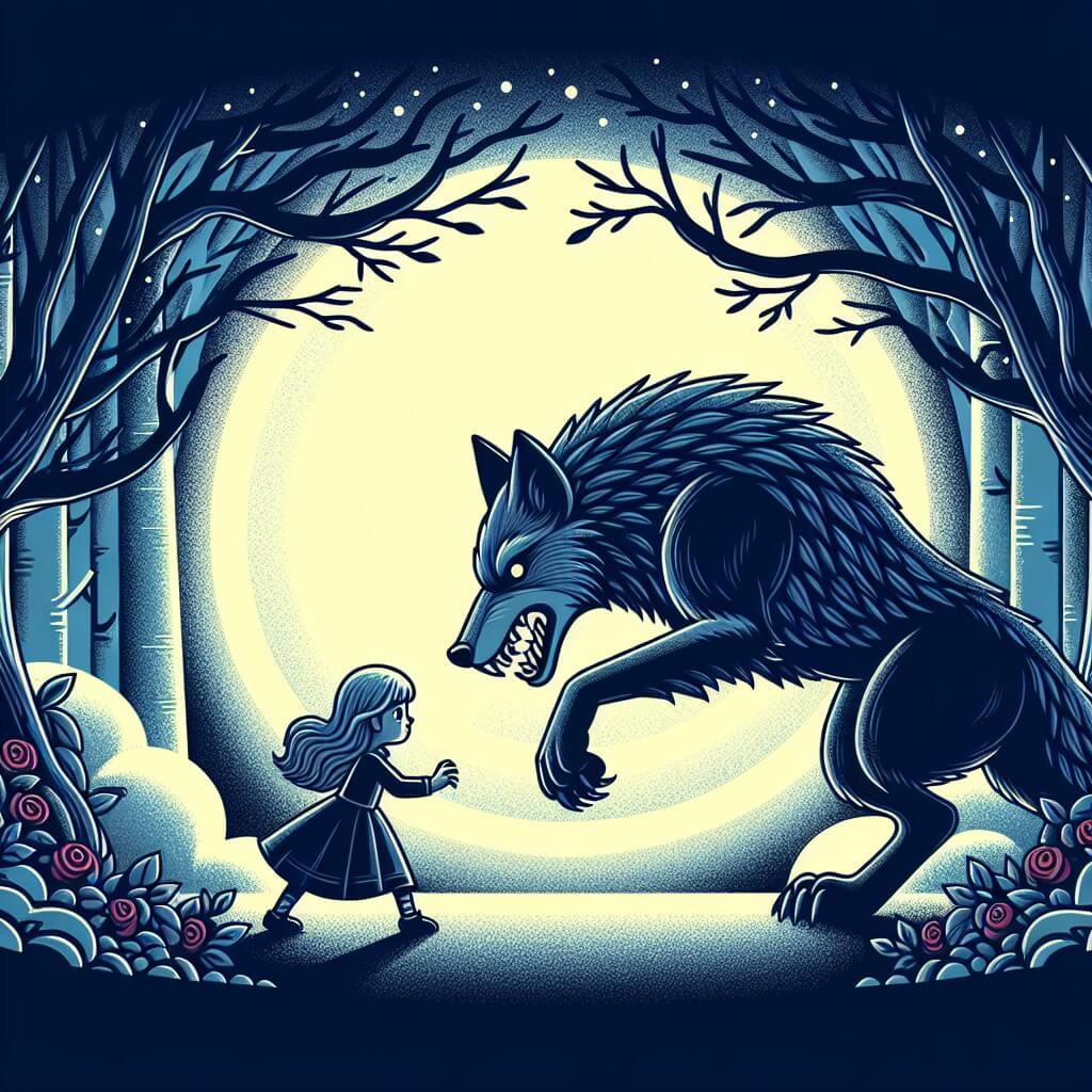 Une illustration destinée aux enfants représentant une petite fille courageuse, se tenant face à un grand méchant loup, dans une forêt mystérieuse et envoûtante.