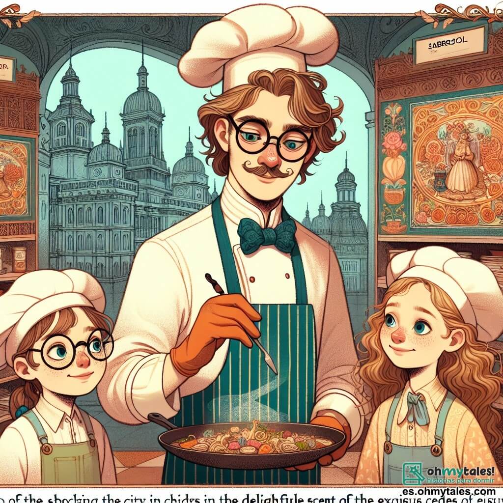 Une illustration destinée aux enfants représentant un chef cuisinier talentueux, un garçon, enseignant à deux enfants curieux, une fille aux cheveux rizados et un garçon aux lunettes rondes, dans une cuisine colorée et animée de la ville de Sabrosol, où flotte l'arôme délicieux de plats exquis.