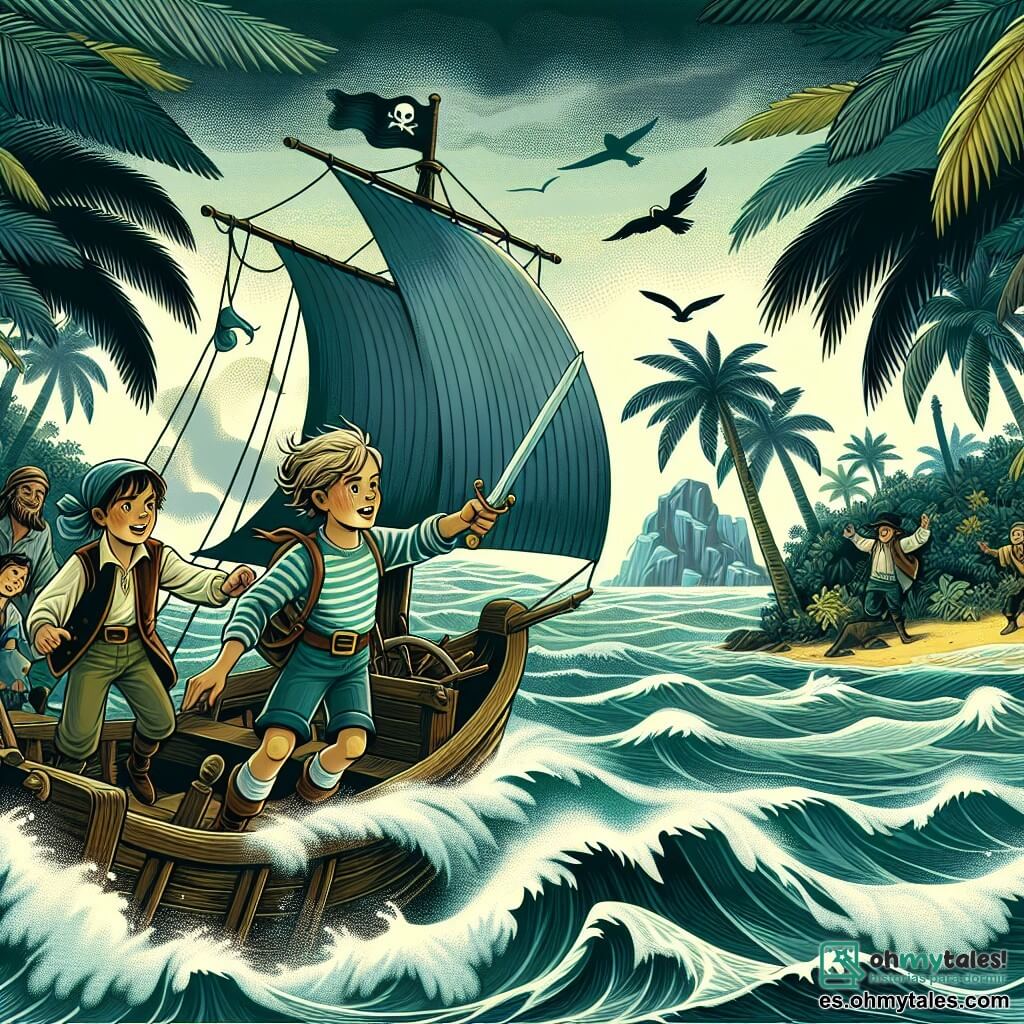 Une illustration destinée aux enfants représentant un jeune garçon intrépide, accompagné de ses fidèles amis, naviguant sur un bateau en direction d'une île mystérieuse entourée d'eaux tumultueuses et de palmiers luxuriants, prêts à affronter tous les dangers pour trouver le trésor perdu.