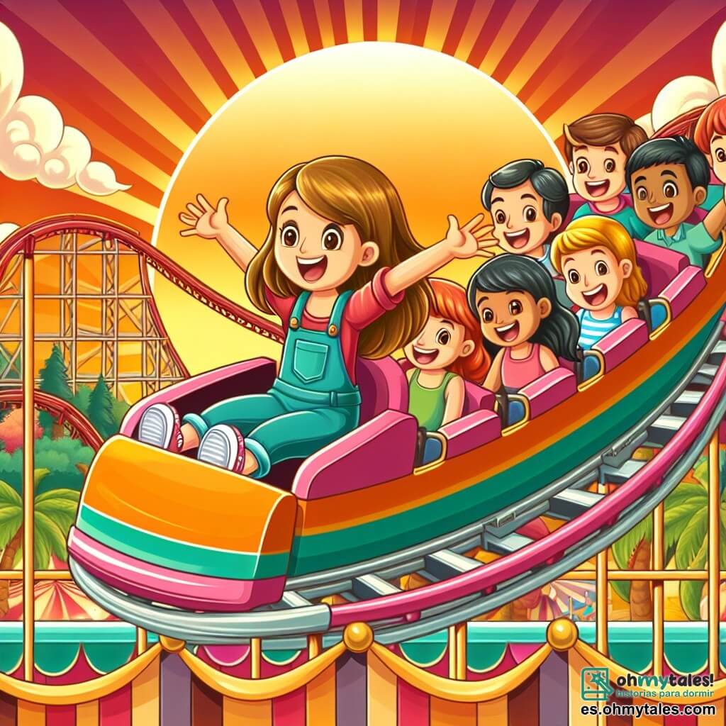 Une illustration destinée aux enfants représentant une fille joyeuse sur une montagne russe, accompagnée de ses amies, dans un parc d'attractions coloré et animé par un magnifique coucher de soleil.